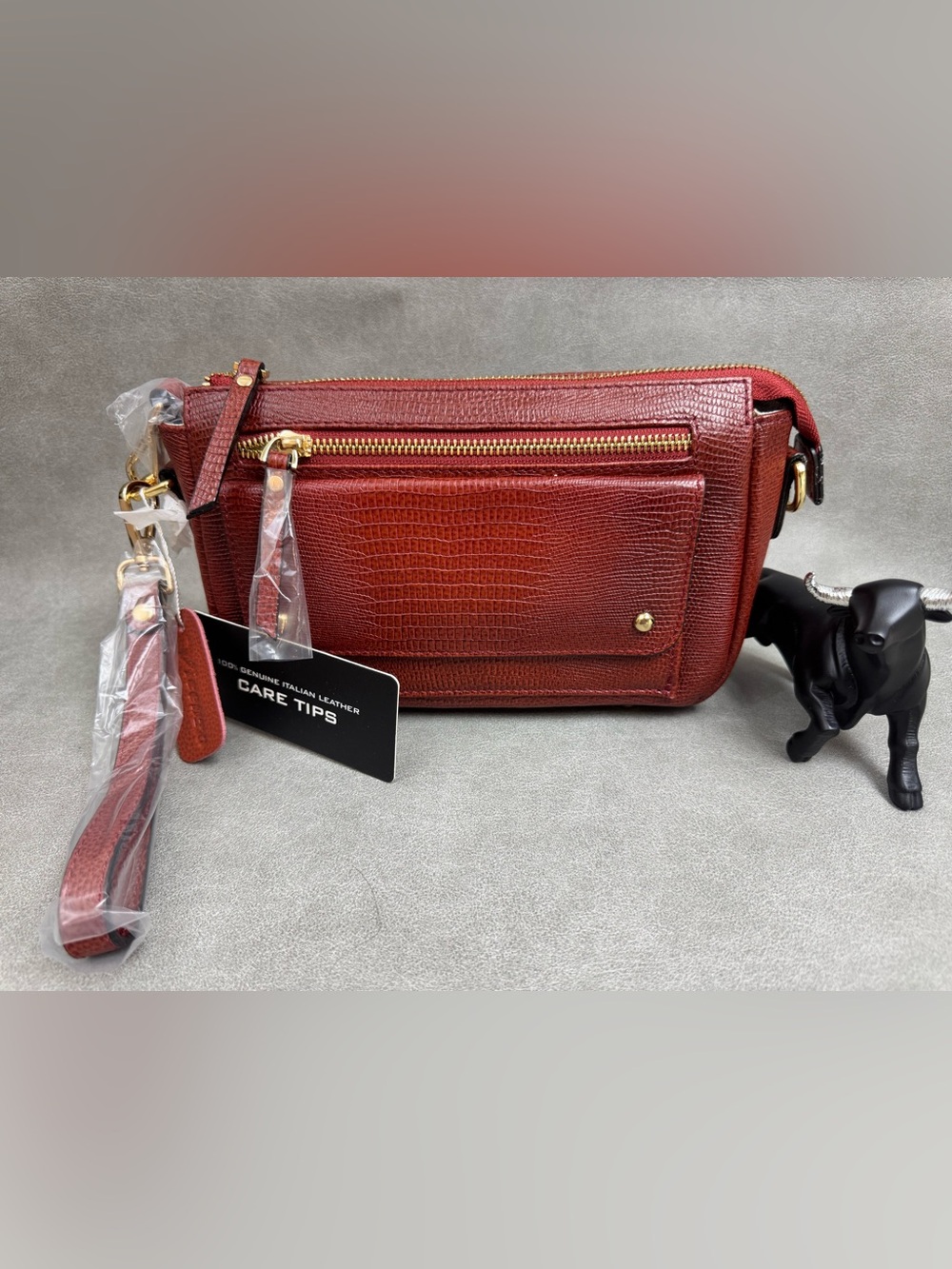 Italian Leather Red Crossbody Bag with Front Zip Pocket